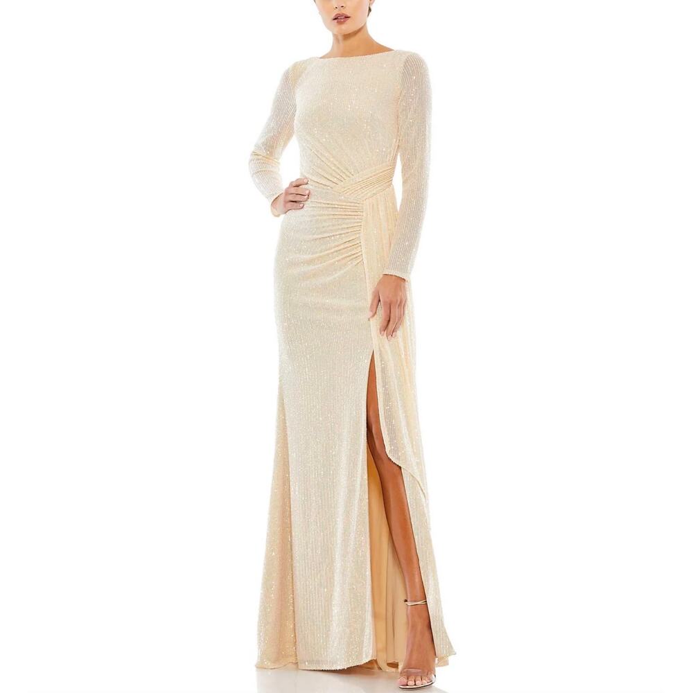 Mac Duggal 26175 Gold Column Evening Gown Sequined Long Sleeve Dress Size 6